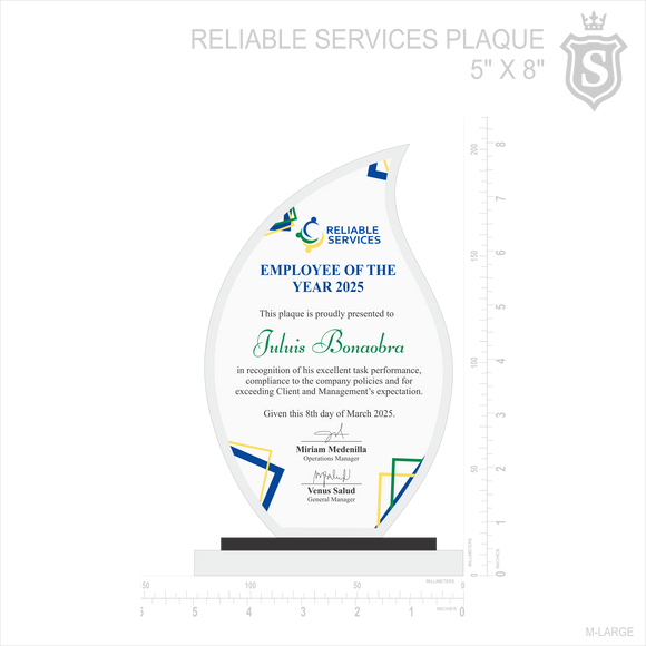 Reliable Services Plaque - Employee of the Year 2025 – Suarez Arts