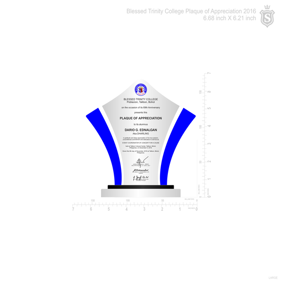 Blessed Trinity College 2016 Plaque of Appreciation