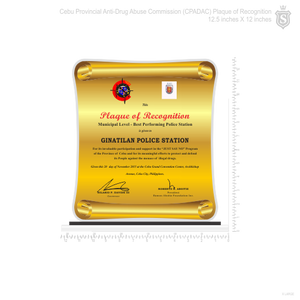 Cebu Provincial Anti-Drug Abuse Commisssion (CPADAC) Plaque of Recognition Large