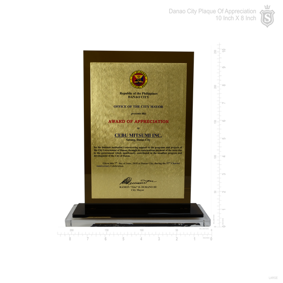 Danao City Acrylic Award of Appreciation  with Brass Plate