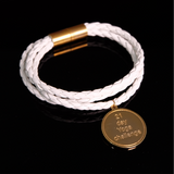 Leather (White) Bracelet with Circle Charm Engrave Gold 20mm